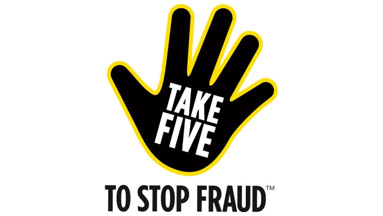  A logo of a hand that says Take five to stop fraud 
